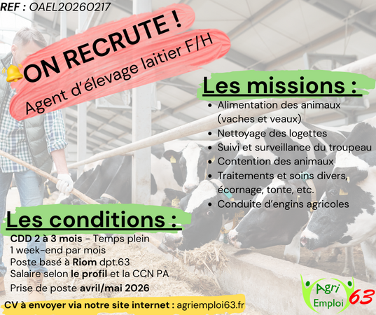 Photo de l'actualit� Agent(e) d’�levage laitier F/H