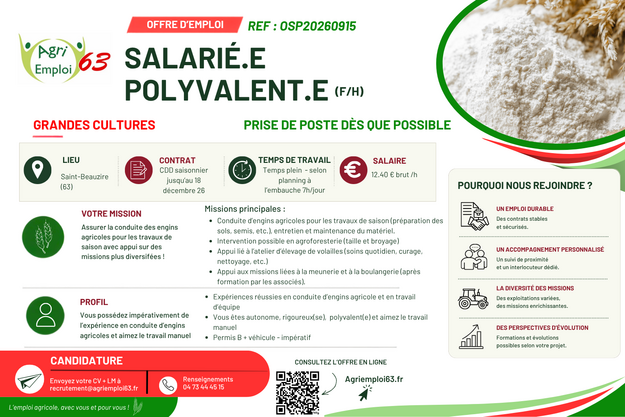 Photo de l'actualit� salari� polyvalent en grandes cultures - Saint-Beauzire